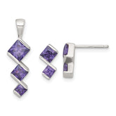 Sterling Silver Polished Square Purple CZ Pendant and Post Earring Set