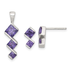Sterling Silver Polished Square Purple CZ Pendant and Post Earring Set