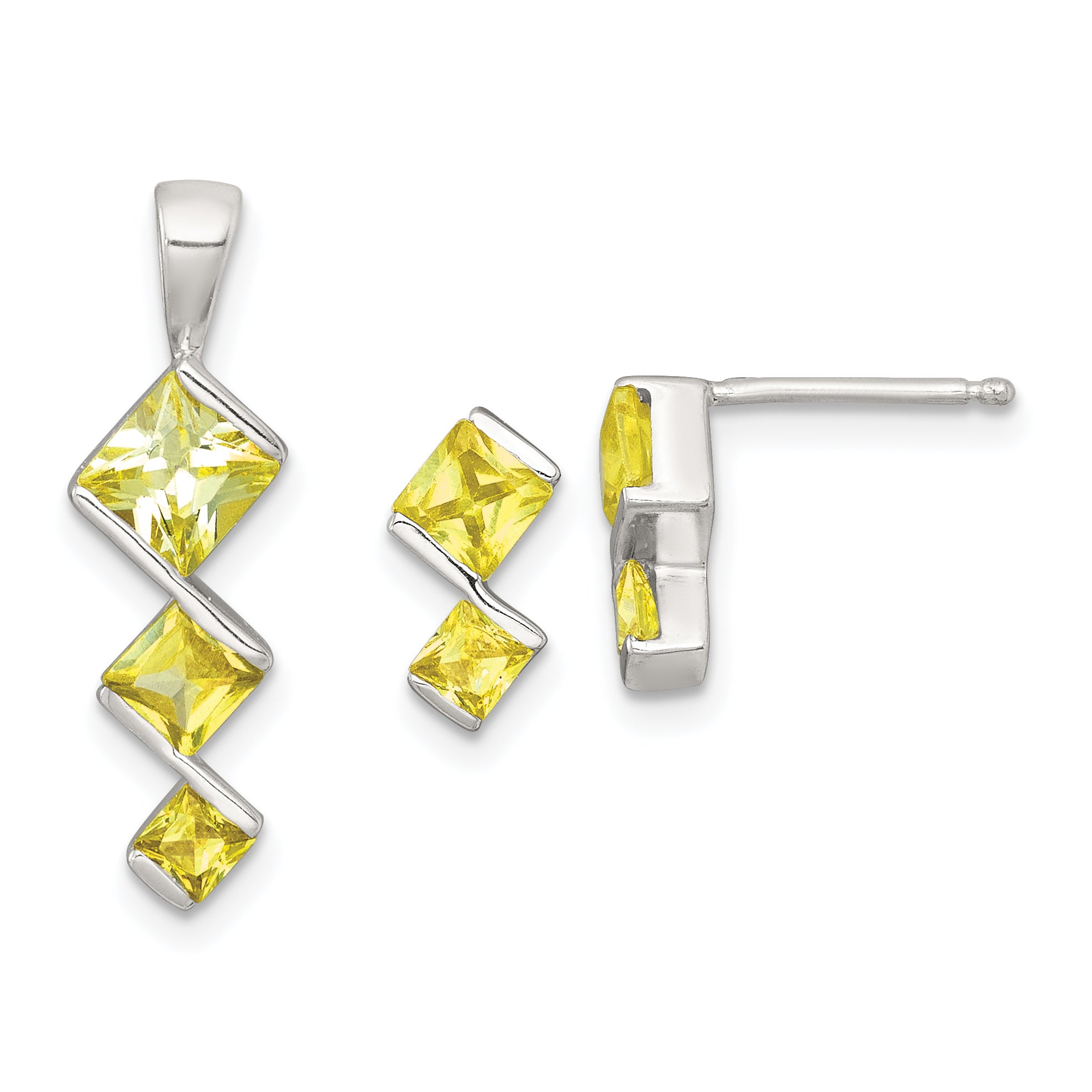 Sterling Silver Polished Square Yellow CZ Pendant and Post Earring Set