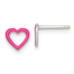 Sterling Silver Polished Pink Enamel Open Heart Childrens 14 inch Necklace and Post Earrings Set