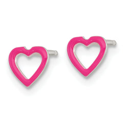 Sterling Silver Polished Pink Enamel Open Heart Childrens 14 inch Necklace and Post Earrings Set