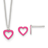 Sterling Silver Polished Pink Enamel Open Heart Childrens 14 inch Necklace and Post Earrings Set