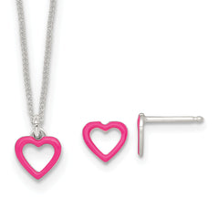 Sterling Silver Polished Pink Enamel Open Heart Childrens 14 inch Necklace and Post Earrings Set