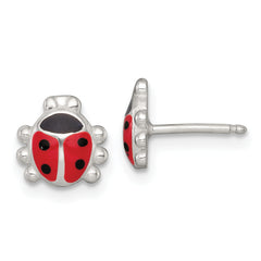 Sterling Silver Polished Red and Black Enameled Ladybug Childrens 14 inch Necklace and Post Earrings Set