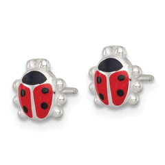 Sterling Silver Polished Red and Black Enameled Ladybug Childrens 14 inch Necklace and Post Earrings Set