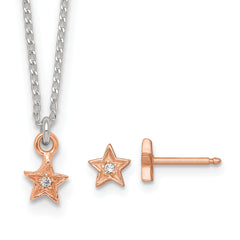 Sterling Silver Rose-tone White CZ Star Childrens 14 inch Necklace and Post Earrings Set