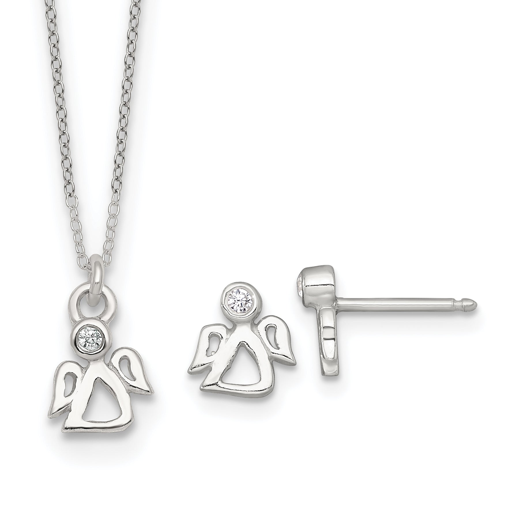 Sterling Silver Polished White CZ Angel Childrens 14 inch Necklace and Post Earrings Set