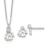 Sterling Silver Polished White CZ Angel Childrens 14 inch Necklace and Post Earrings Set