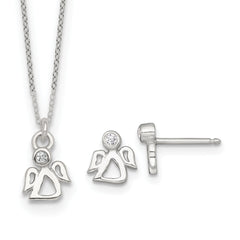 Sterling Silver Polished White CZ Angel Childrens 14 inch Necklace and Post Earrings Set