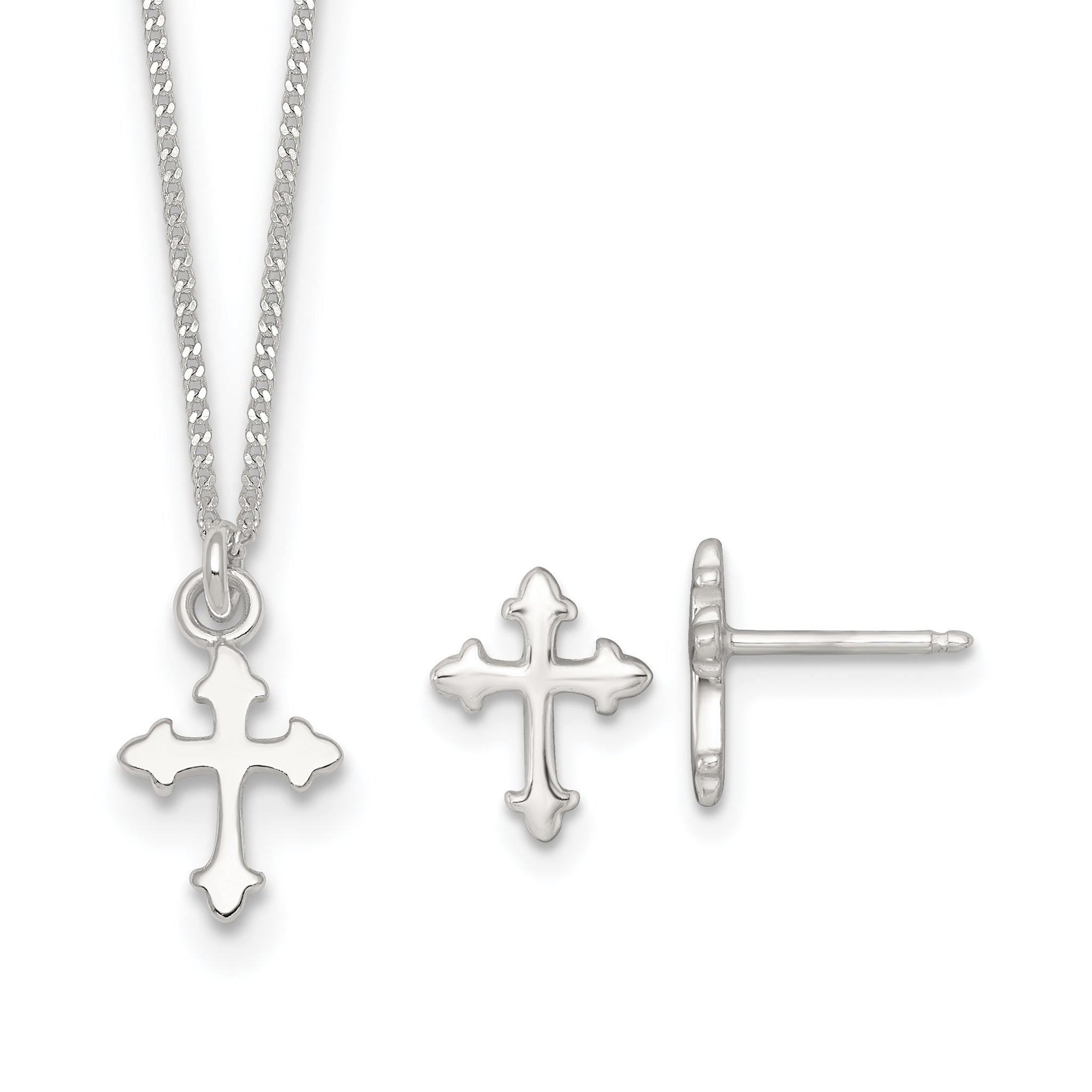Sterling Silver Polished Cross Childrens 14 inch Necklace and Post Earrings Set