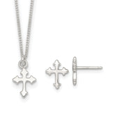 Sterling Silver Polished Cross Childrens 14 inch Necklace and Post Earrings Set