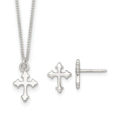 Sterling Silver Polished Cross Childrens 14 inch Necklace and Post Earrings Set