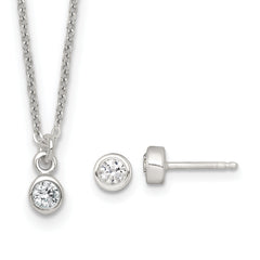Sterling Silver Polished 4mm White CZ Childrens 14 inch Necklace and Post Earrings Set