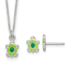 Sterling Silver Polished Green Enameled Turtle Childrens 14 inch Necklace and Post Earrings Set