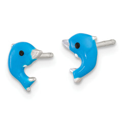 Sterling Silver Polished Blue and Black Enameled Dolphin Childrens 14 inch Necklace and Post Earrings Set