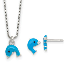 Sterling Silver Polished Blue and Black Enameled Dolphin Childrens 14 inch Necklace and Post Earrings Set