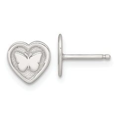 Sterling Silver Polished and Textured Butterfly in Heart Childrens 14 inch Necklace and Post Earrings Set