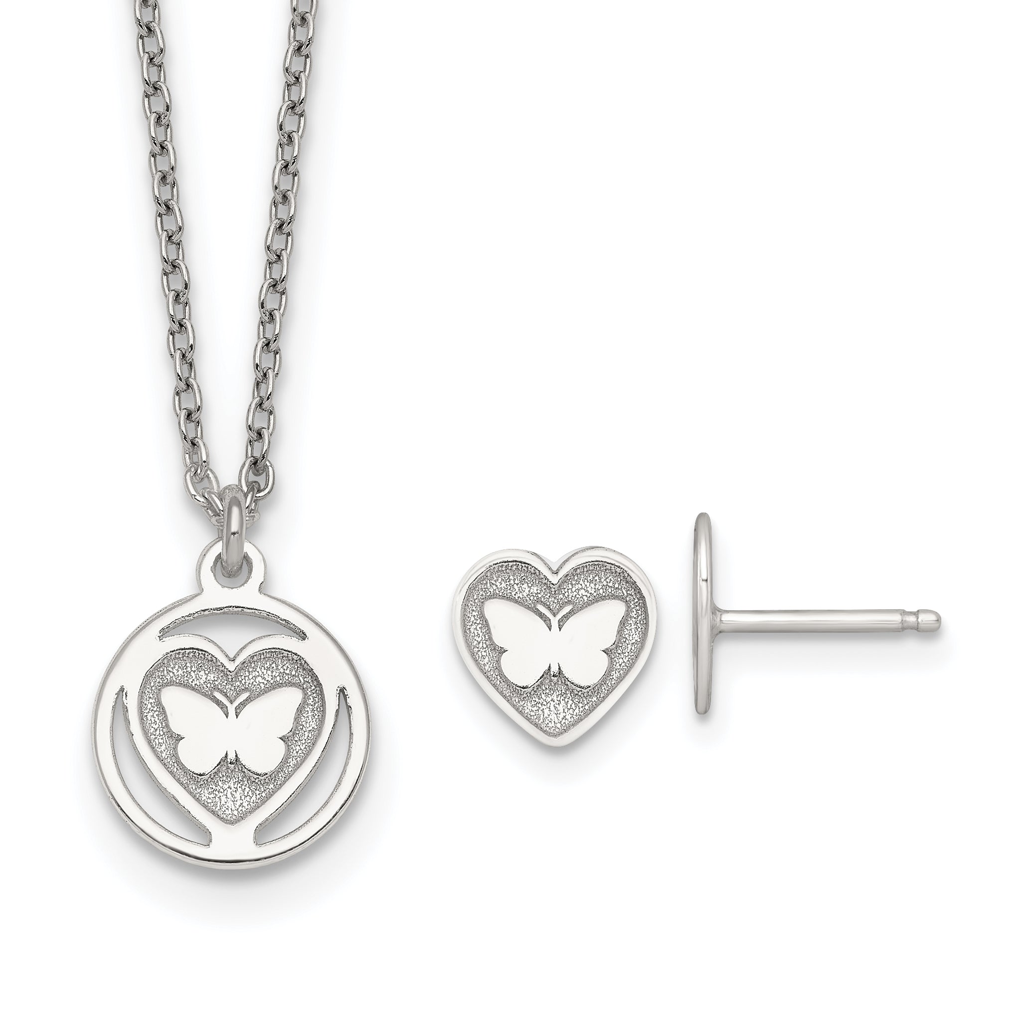 Sterling Silver Polished and Textured Butterfly in Heart Childrens 14 inch Necklace and Post Earrings Set