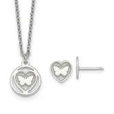 Sterling Silver Polished and Textured Butterfly in Heart Childrens 14 inch Necklace and Post Earrings Set