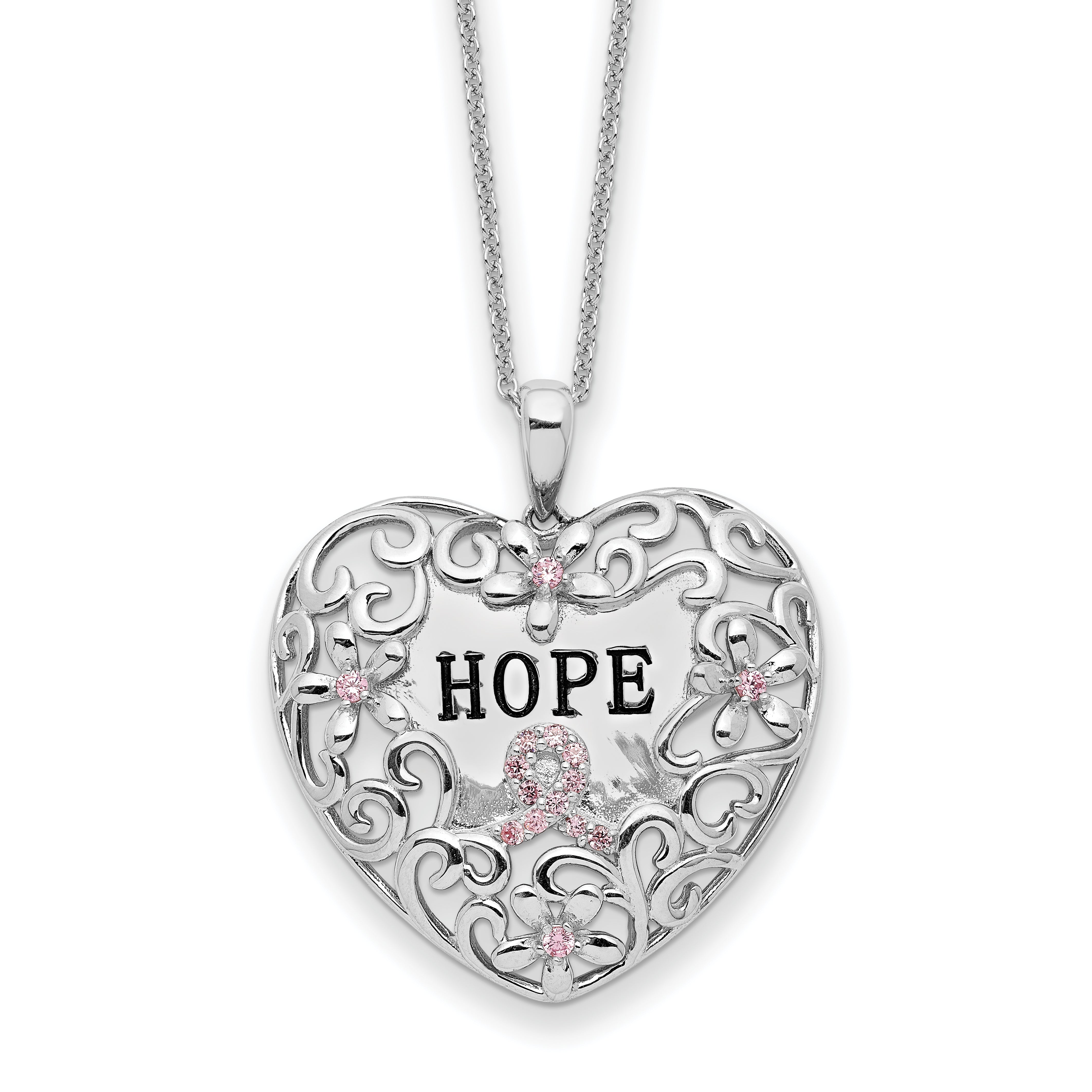 Sentimental Expressions Sterling Silver Rhodium-Rhodium-Plated Pink CZ Breast Cancer Heart 18in Necklace