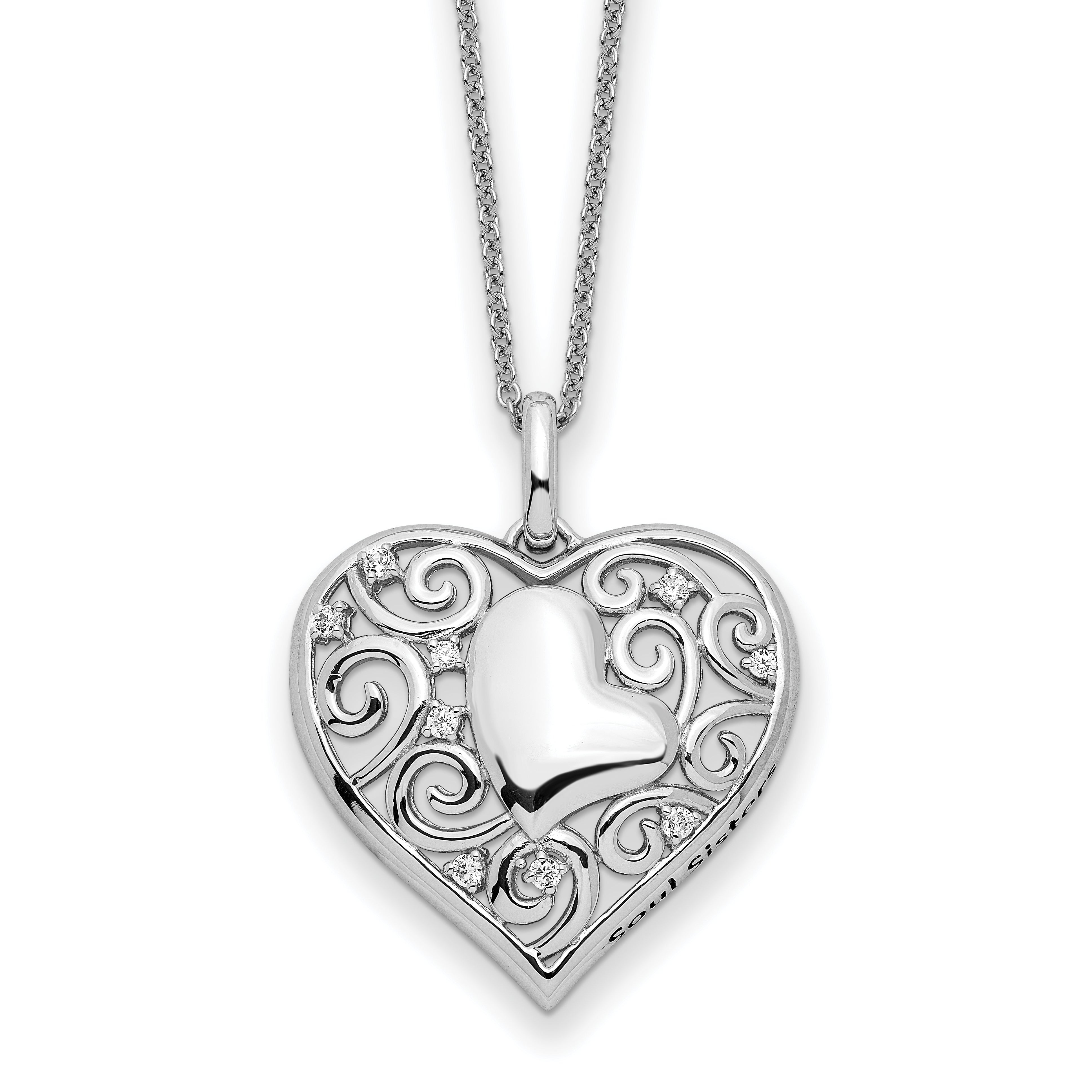 Sentimental Expressions Sterling Silver Rhodium-Rhodium-Plated CZ Antiqued Soul Sister Heart 18in Necklace