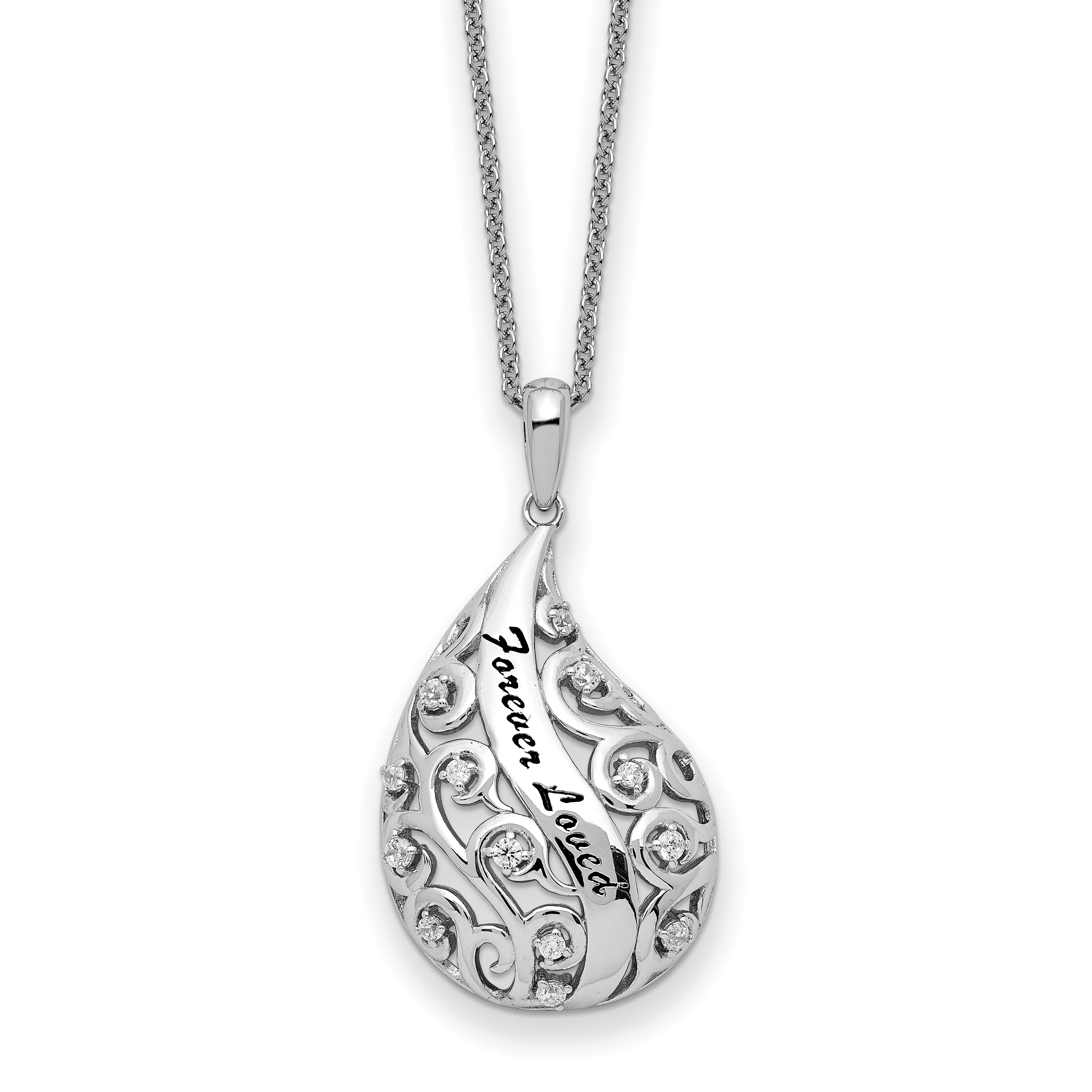Sentimental Expressions Sterling Silver Rhodium-Rhodium-Plated Antiqued CZ Forever Loved Forever Missed 18 Inch Necklace