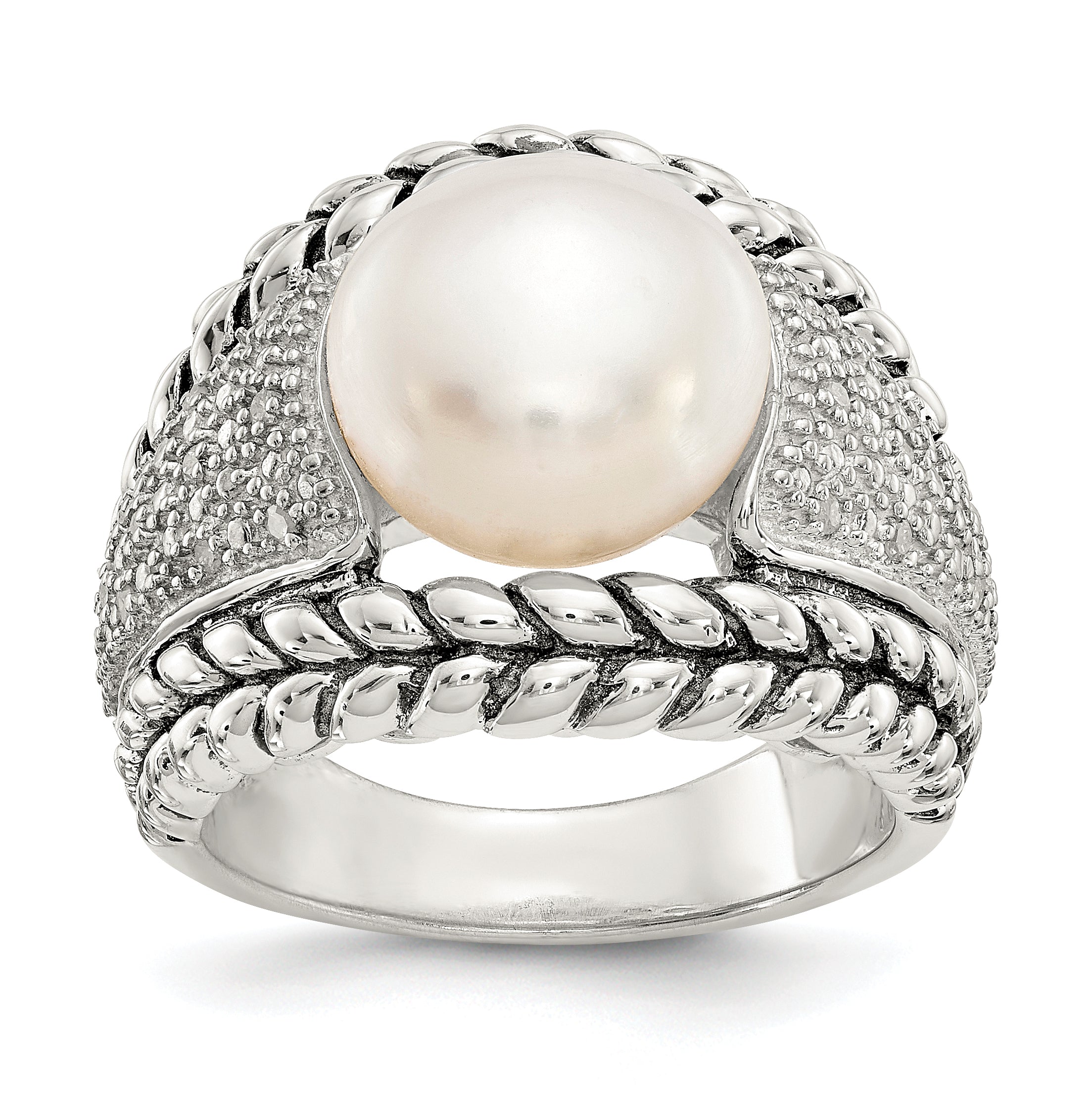 Shey Couture Sterling Silver Antiqued Freshwater Cultured Pearl and Diamond Ring