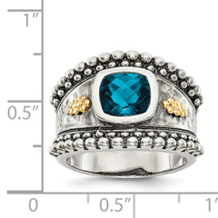 Shey Couture Sterling Silver with 14K Accent Antiqued Checkerboard Cushion London Blue Topaz Ring