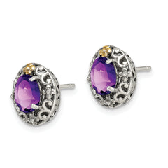 Shey Couture Sterling Silver with 14K Accent Antiqued Oval Amethyst Post Earrings