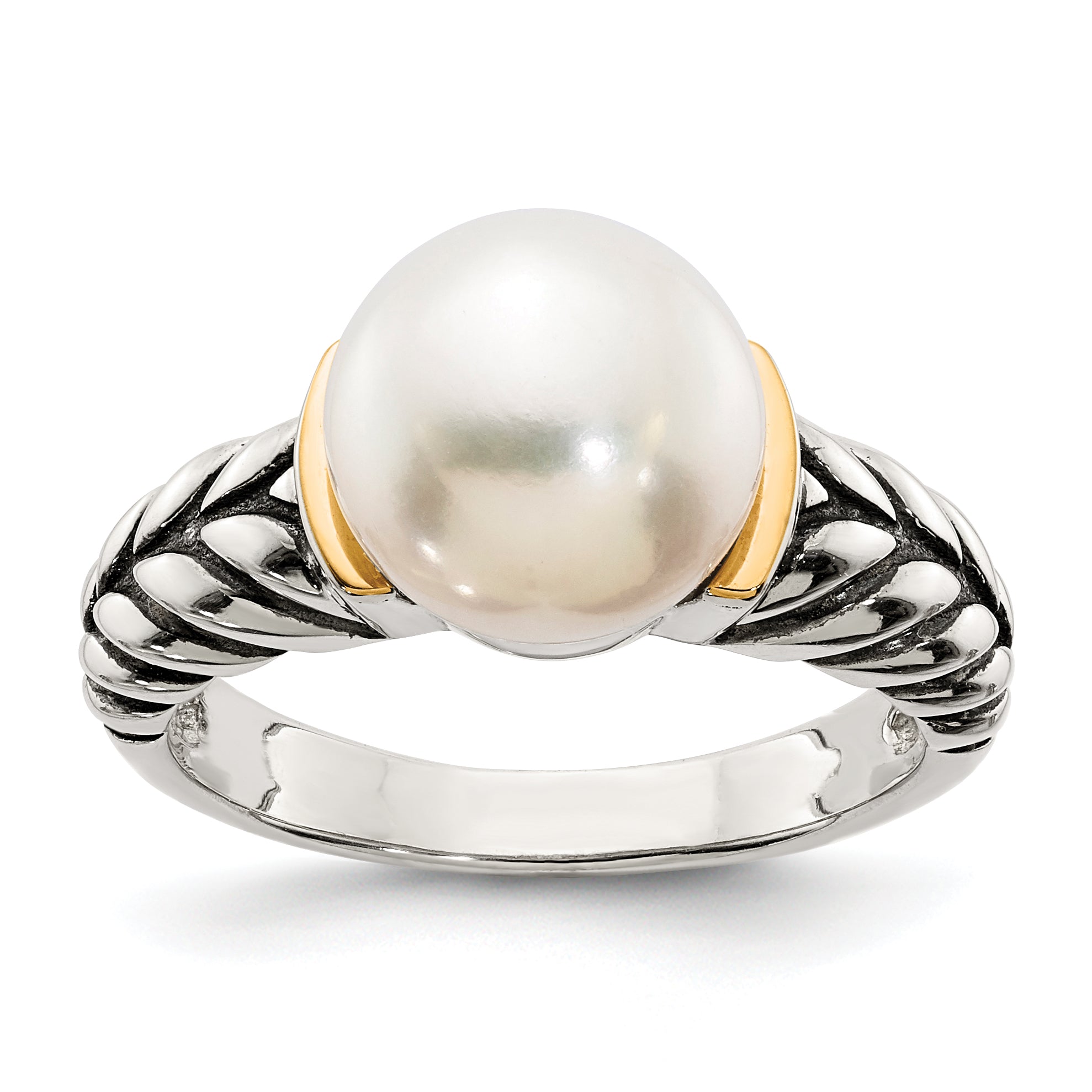 Shey Couture Sterling Silver with 14K Accent Antiqued 10mm Button Freshwater Cultured Pearl Ring
