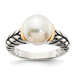 Shey Couture Sterling Silver with 14K Accent Antiqued 10mm Button Freshwater Cultured Pearl Ring