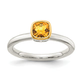 Shey Couture Sterling Silver Rhodium-plated with 14k Accent Polished Cushion-cut Citrine Ring