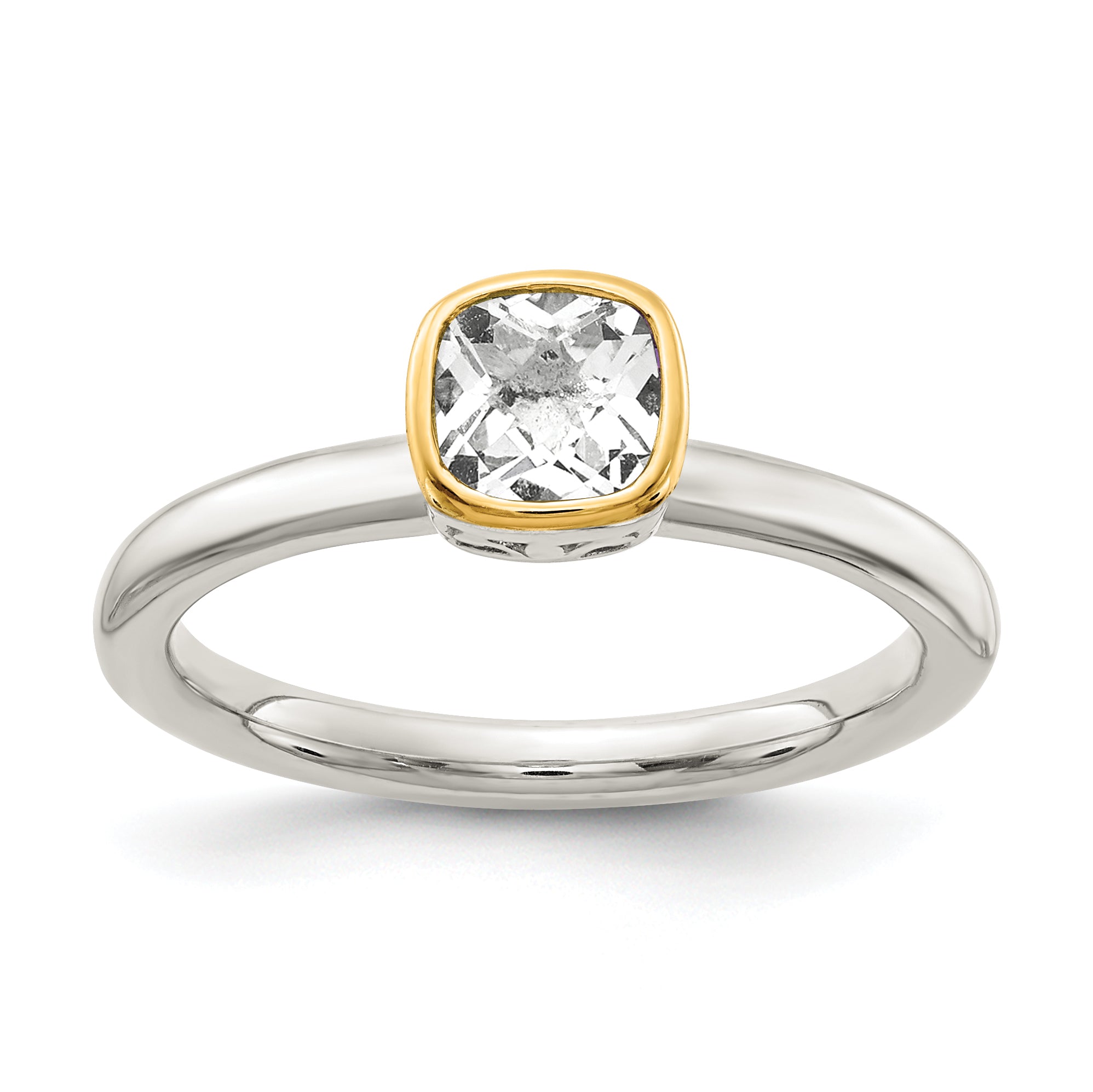 Shey Couture Sterling Silver Rhodium-plated with 14K Accent Polished Cushion-cut White Topaz Ring