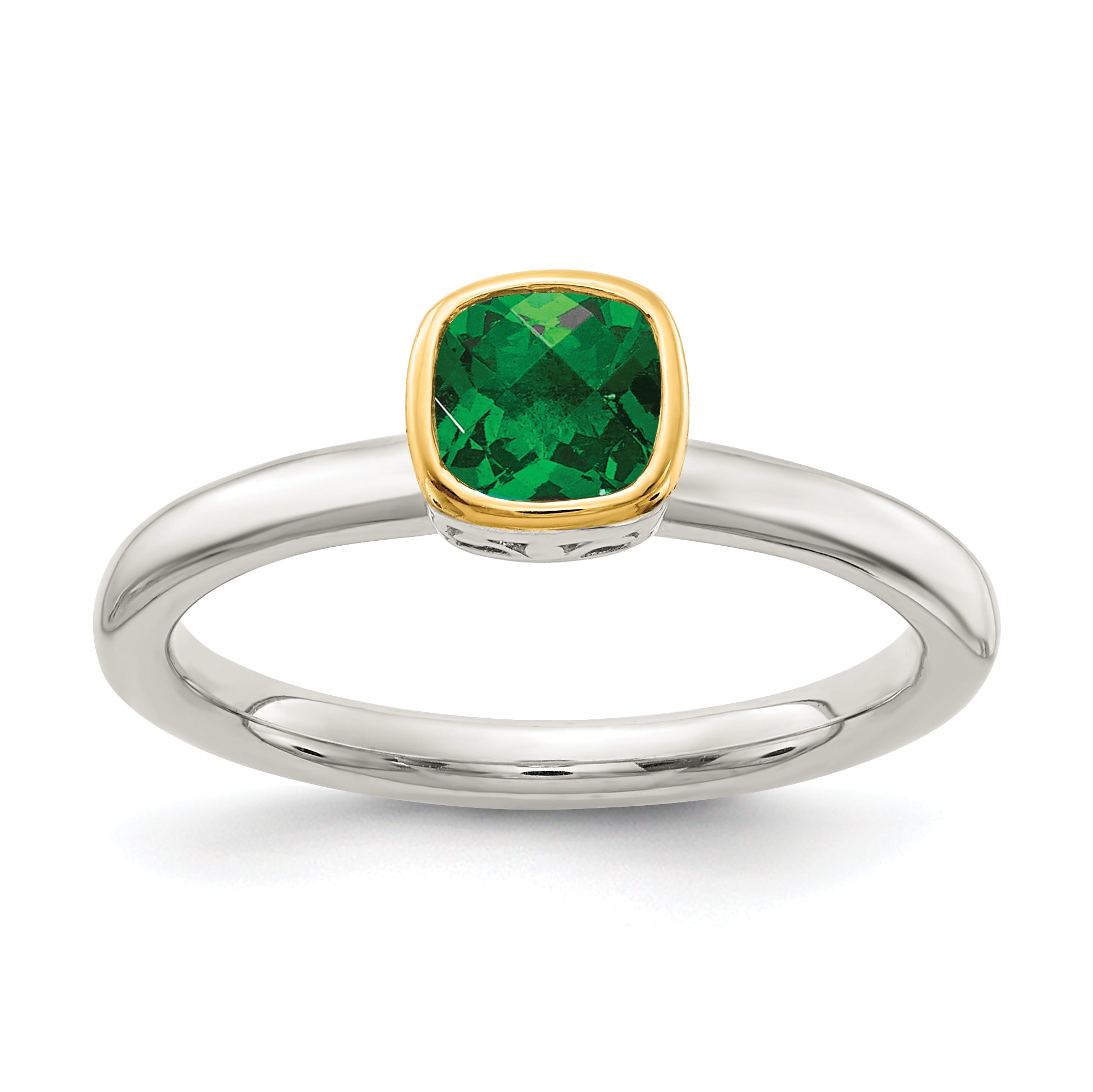 Shey Couture Sterling Silver Rhodium-plated with 14K Accent Polished Cushion-cut Created Emerald Ring
