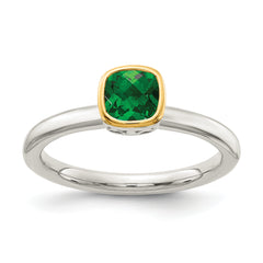 Shey Couture Sterling Silver Rhodium-plated with 14K Accent Polished Cushion-cut Created Emerald Ring