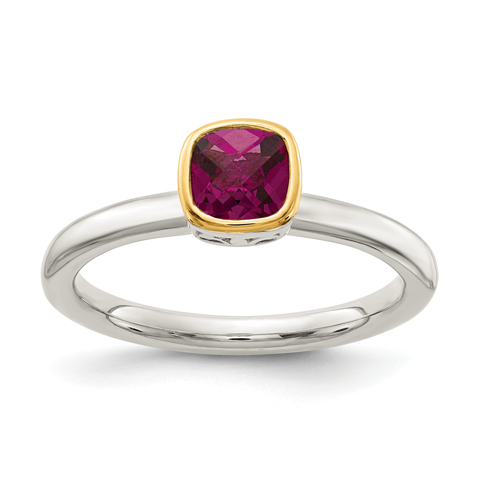 Shey Couture Sterling Silver Rhodium-plated with 14K Accent Polished Cushion-cut Rhodolite Garnet Ring