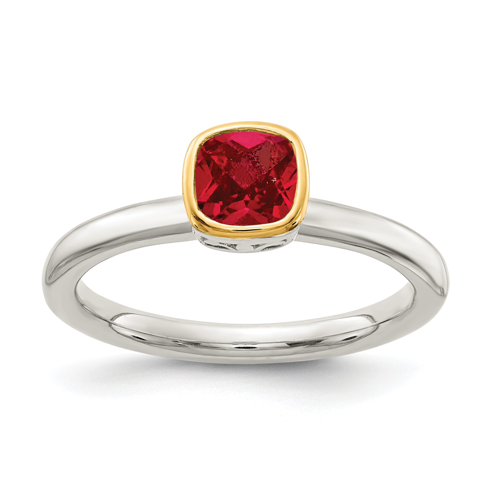 Shey Couture Sterling Silver Rhodium-plated with 14K Accent Polished Cushion-cut Created Ruby Ring