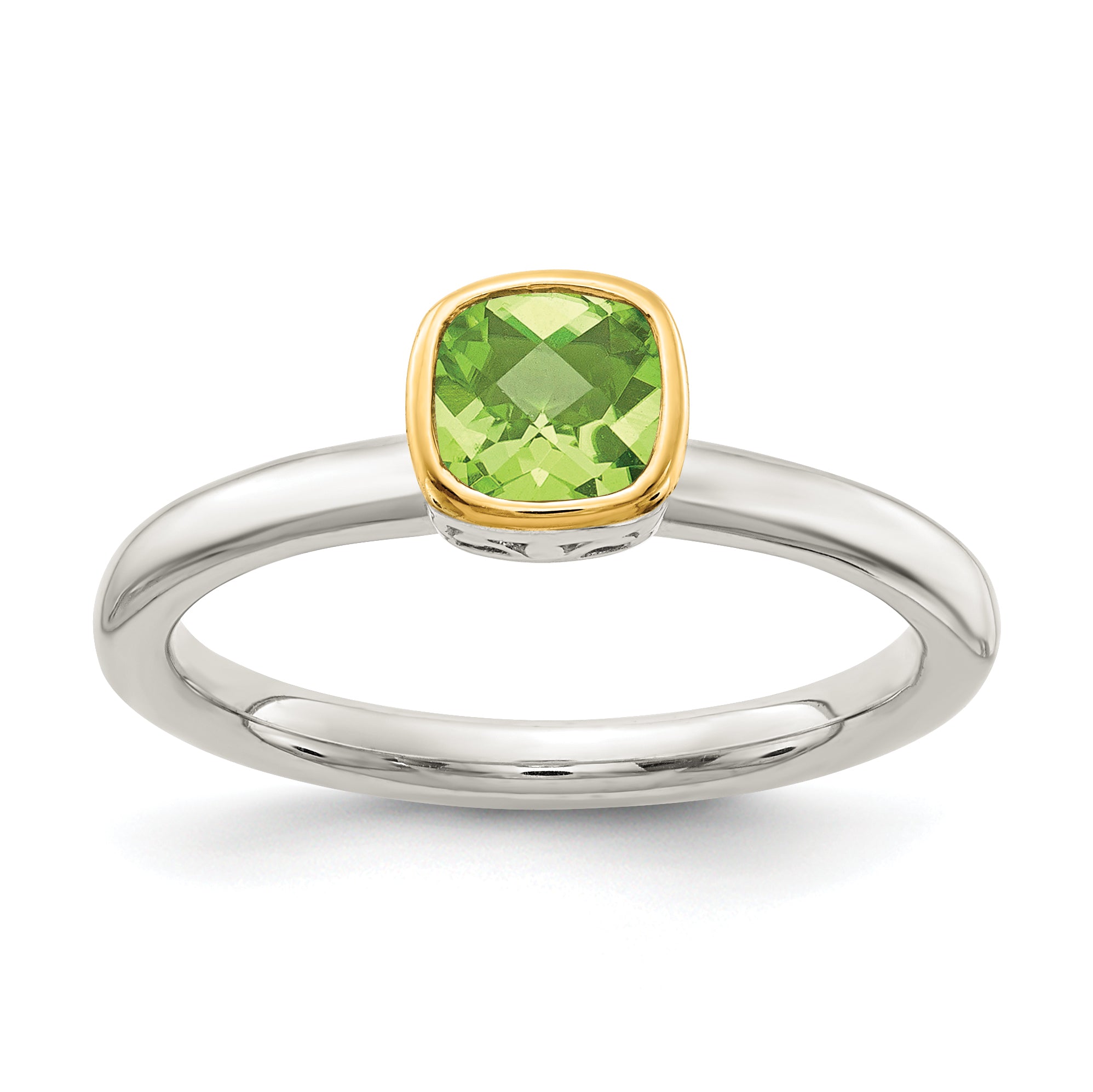 Shey Couture Sterling Silver Rhodium-plated with 14K Accent Polished Cushion-cut Peridot Ring