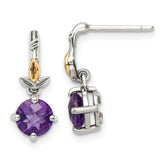 Shey Couture Sterling Silver with 14K Accent Leaves with Round Amethyst Dangle Post Earrings