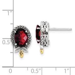 Shey Couture Sterling Silver with 14K Accent Antiqued Checkerboard Oval Garnet Post Earrings