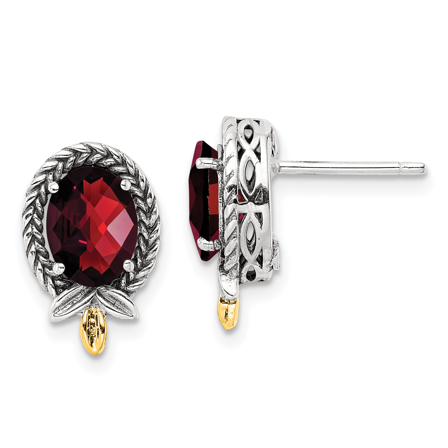 Shey Couture Sterling Silver with 14K Accent Antiqued Checkerboard Oval Garnet Post Earrings
