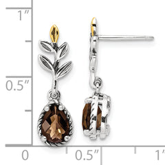 Shey Couture Sterling Silver with 14K Accent Leaves Pear Shaped Checkerboard Smoky Quartz Dangle Post Earrings