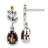 Shey Couture Sterling Silver with 14K Accent Leaves Pear Shaped Checkerboard Smoky Quartz Dangle Post Earrings