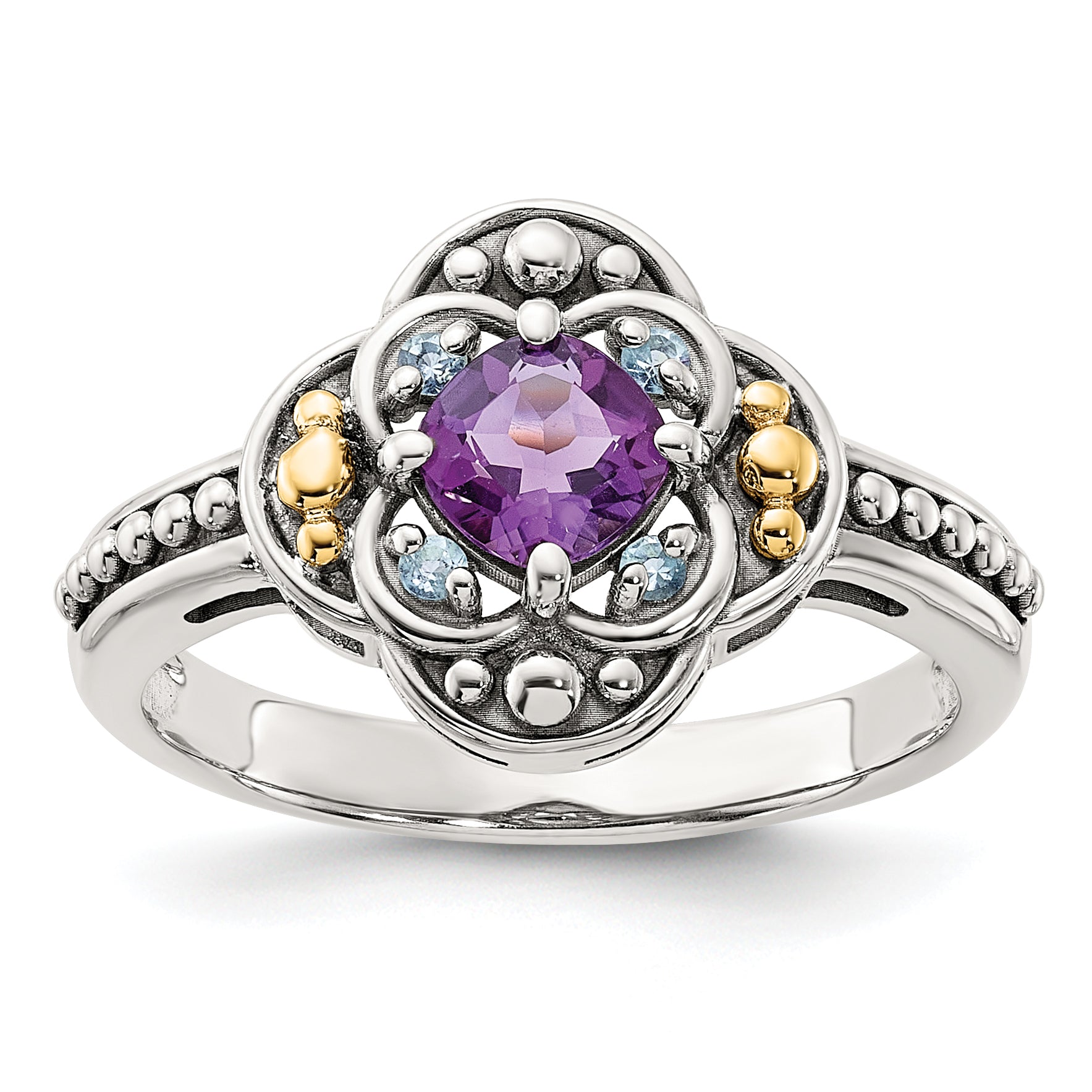 Shey Couture Sterling Silver with 14k Accent Antiqued .41 Amethyst / .09Swiss Blue Topaz Ring
