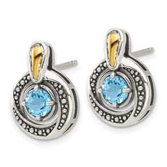 Shey Couture Sterling Silver Antiqued with 14k Accent Light Swiss Blue Topaz Post Earrings
