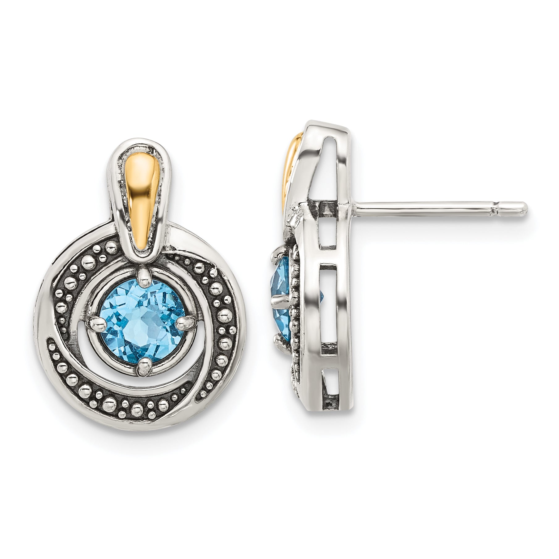 Shey Couture Sterling Silver Antiqued with 14k Accent Light Swiss Blue Topaz Post Earrings