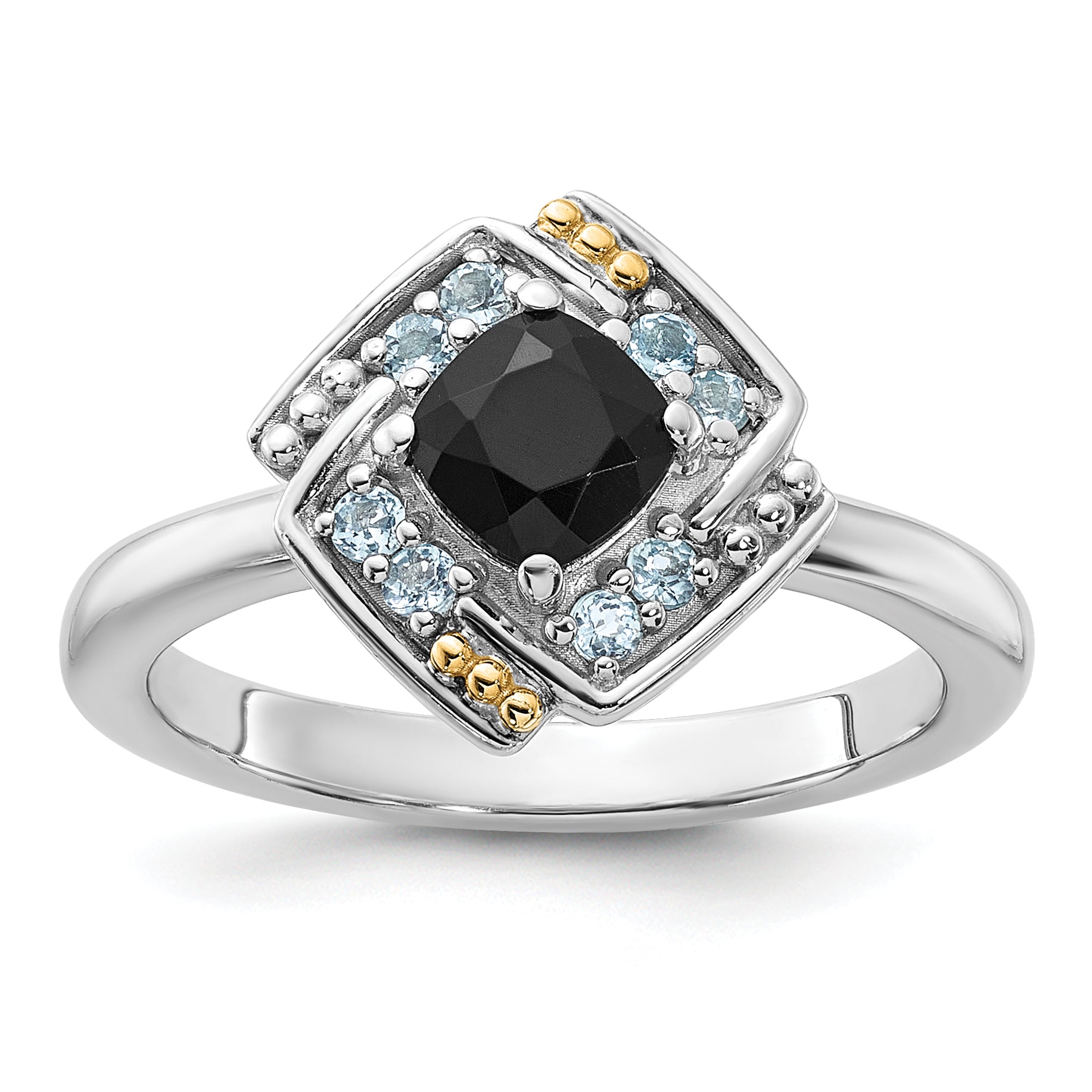Shey Couture Sterling Silver Rhodium-plated with 14k Accent .50 Onyx and .16 Swiss Blue Topaz Ring
