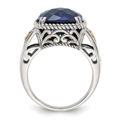 Shey Couture Sterling Silver with 14k Antiqued Lab Created Checker Cushion Sapphire Ring