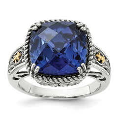 Shey Couture Sterling Silver with 14k Antiqued Lab Created Checker Cushion Sapphire Ring