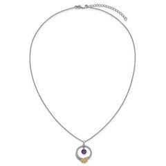 Shey Couture Sterling Silver Rhodium-plated Twisted Circle with 14k Leaf Accent Round Amethyst Dangle 18 inch with 2 inch Extension Necklace